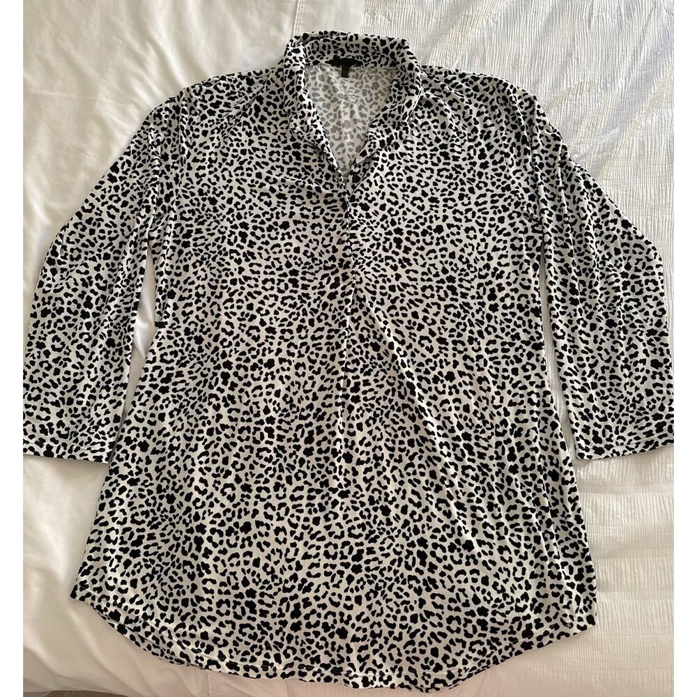Leopard Print Pajama Dress Sleep Shirt Black White Collar Long Sleeve